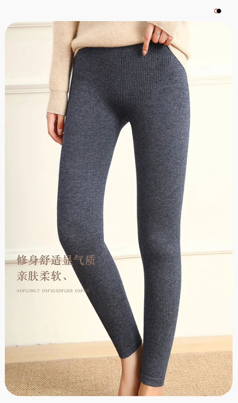 Adult Winter Thermal Thickened High-Waist Wool Leggings Pure Wool Base Layer Knit Pants Thigh-High Tights for Autumn