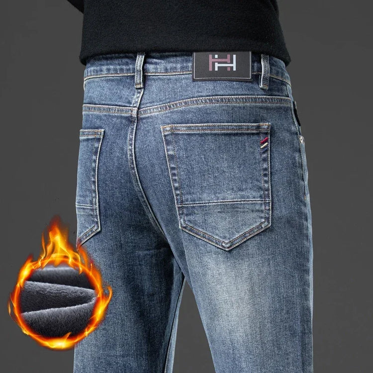 2026 New Winter Classic Brand Business Casual Velvet Plush Trousers Men Fleece Jeans Slim Straight Thicken Stretch Denim Pants