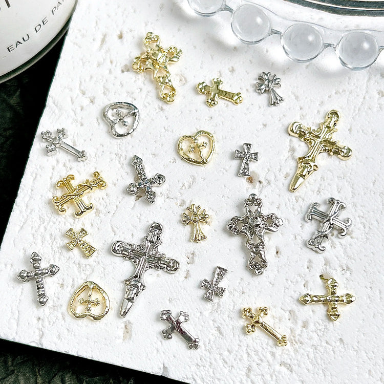 30PCS Multiple Style Shiny Alloy Cross Nail Art Charms 3D Retro Creative Heart Cross Nail Decorations for DIY Y2K Nails Designs