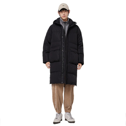 Metersbonwe Men's Long Hooded Down Jacket  Male Stand Collar Jacket with Hem Side Zipper Letter Printing Duck Down Padded Brand