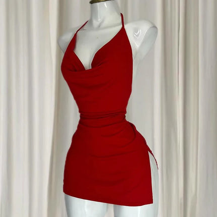 Robe sans dossier à bandage avec col en V rouge Mini-robes coréennes élégantes et fines pour femmes, coupe irrégulière, nouvelle mode 2025, boîte de nuit, fille sexy