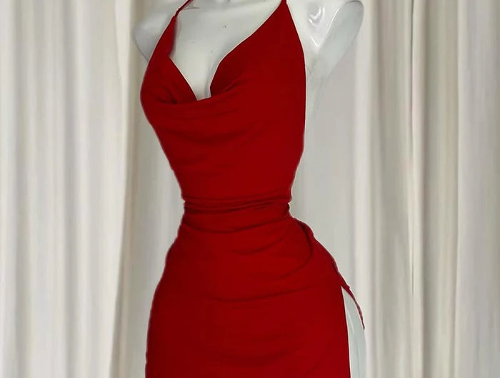 Robe sans dossier à bandage avec col en V rouge Mini-robes coréennes élégantes et fines pour femmes, coupe irrégulière, nouvelle mode 2025, boîte de nuit, fille sexy