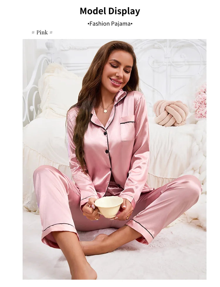 Pigiama da donna Completo da notte Completo da pigiama Pj Set Top a maniche lunghe in raso con pantaloni Pigiama da 2 pezzi Pigiama da donna