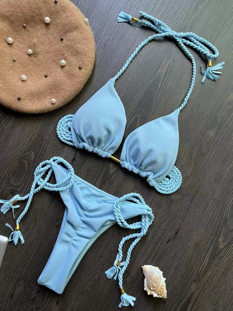 Costume da bagno bikini sexy con laccetti intrecciati, due pezzi, triangolare, stile brasiliano. platinumshop