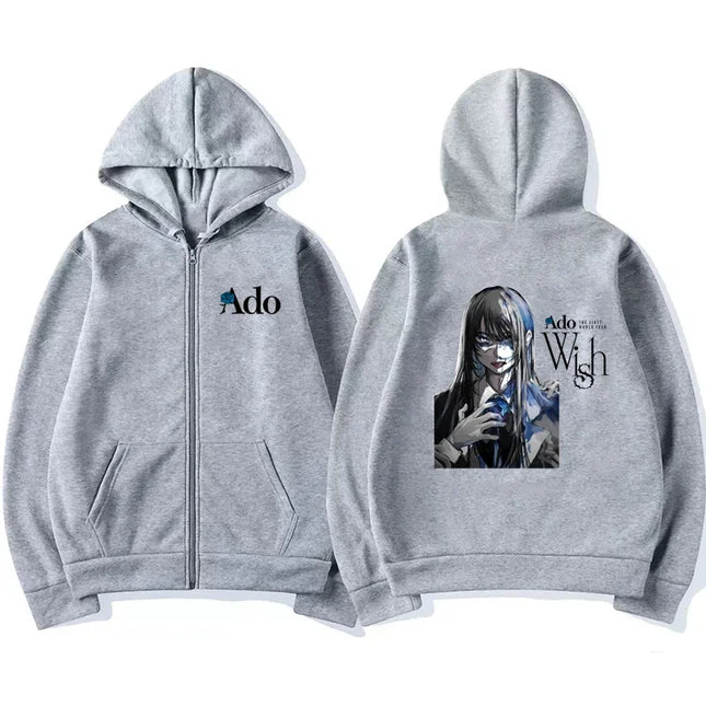 2025 Ado Graphic Printed Zipper Hoodies Autumn Winter Men Women Casual Fashion Harajuku Y2K Fleece Long Sleeve Zip-Up Hoodies