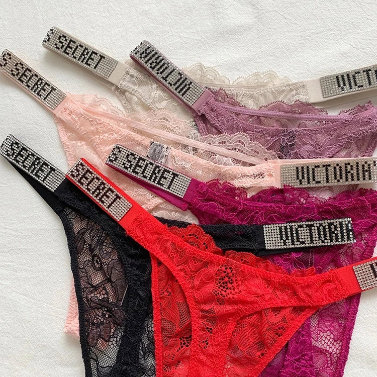 2026 New Satin Letter Rhinestone G-String Women Underwear Sexy Lace Lingerie Low Waist Seamless Panties Panties