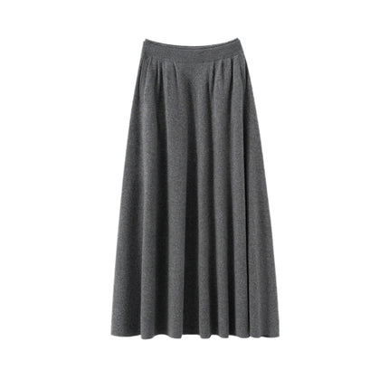 New Women's 100% Pure Cashmere Knitted Full Skirt Autumn Winter High Waisted Mid-calf Ankle-Length Soild Dress Versatile Elegant PlatiNum