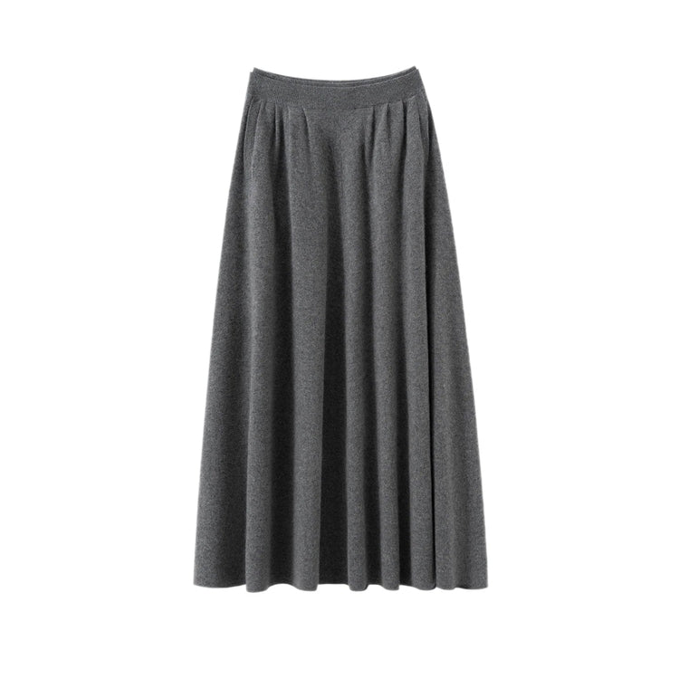 New Women's 100% Pure Cashmere Knitted Full Skirt Autumn Winter High Waisted Mid-calf Ankle-Length Soild Dress Versatile Elegant PlatiNum