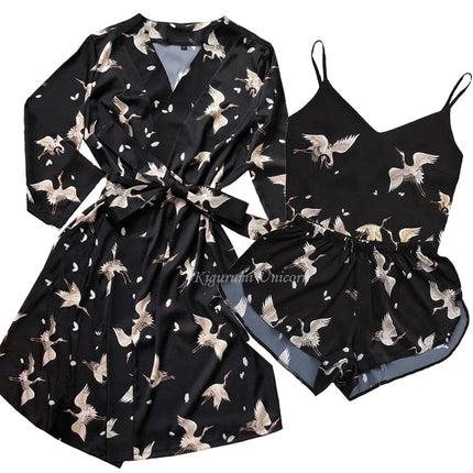 Pigiama in raso di seta sintetica Set da donna con cinturino superiore pantaloni da notte con stampa floreale pigiama autunnale abbigliamento da casa indumenti da notte abito da notte S-XXL