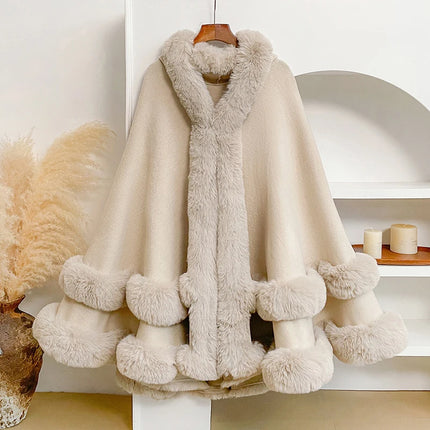 Luxury Women Faux Fur Trim Cape Coat Loose Batwing Poncho Shawl Fuzzy Fur Edge Warm Winter Outerwear Party Street Lady Coats