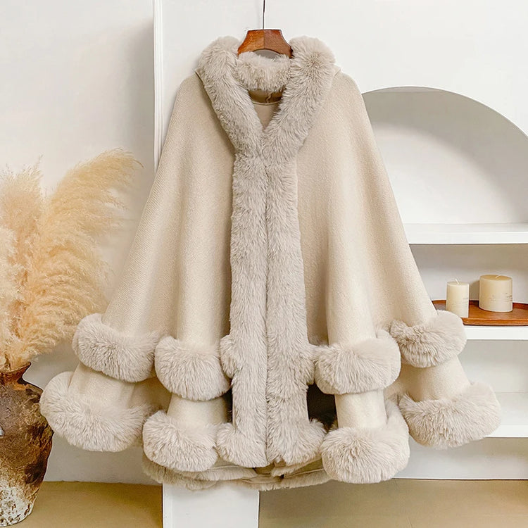 Luxury Women Faux Fur Trim Cape Coat Loose Batwing Poncho Shawl Fuzzy Fur Edge Warm Winter Outerwear Party Street Lady Coats