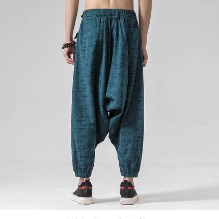 Pantaloni a gamba larga da uomo in cotone e lino casual oversize Harajuku pantaloni alla moda da uomo samurai giapponese retrò Ukiyo-e stampa pantaloni con cintura da uomo