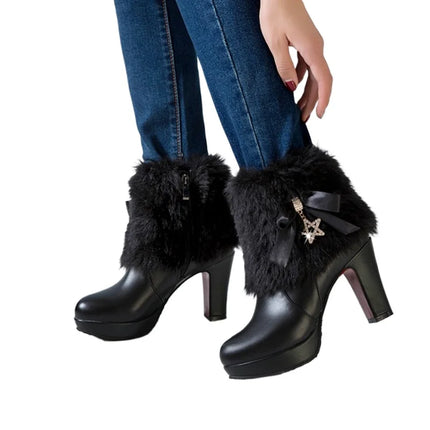 Snow Boots Womens Winter Warm Plush Fashion High Heels Pink White Black Fur Bowt Dress Party Wedding Platform Boots 526-1