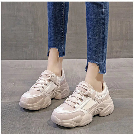 WOIZGIC Women's Female Ladies Genuine Leather Shoes Platform Lace Up Korean Sports Spring Autumn Breathable Vulcanized Shoes PlatiNum
