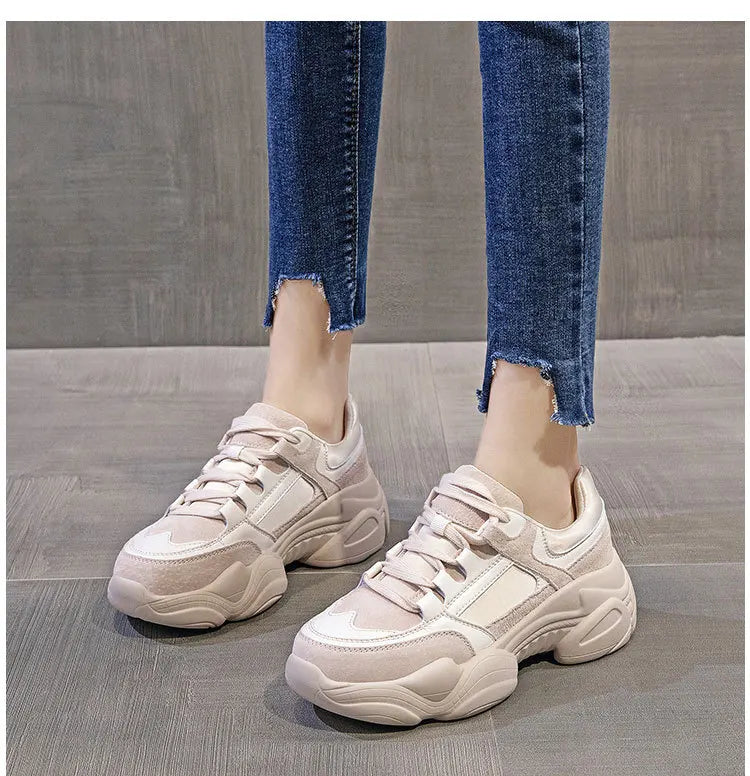 WOIZGIC Women's Female Ladies Genuine Leather Shoes Platform Lace Up Korean Sports Spring Autumn Breathable Vulcanized Shoes PlatiNum