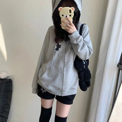 Zipper Hoodie Gothic Cartoon Kawaii Cat Ear Y2k Jacket Zip Up Thin Coat Spring Autumn Cute Core 2000s Clothes Fall Sweatshirts