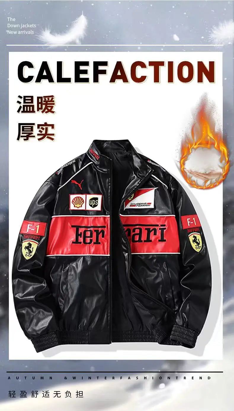 Giacca calda Ferrari F1 da uomo, look retrò motociclistico.