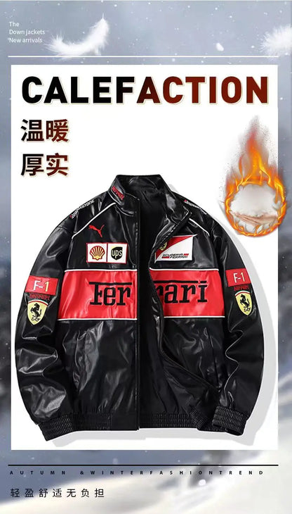 Giacca calda Ferrari F1 da uomo, look retrò motociclistico.