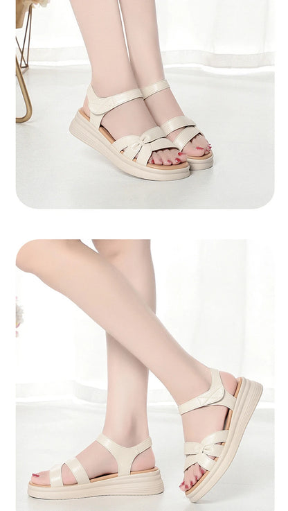 Mom's Shoes Sandals Going Out Flat Summer New Comfortable Lightweight Versatile Leather Sandals For Middle-Aged Elderly People