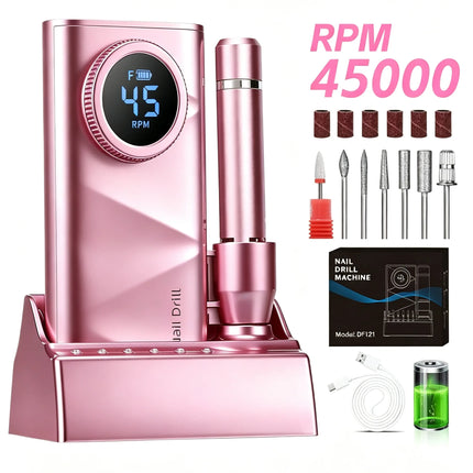 Professional Nail Drill Kit With Charging Dock, 45000RPM Cordless Electric Nail File With LCD Display, Rechargeable 4500mAh Battery Nail Efile For Acrylic & Gel Nails, Manicure Pedicure, Salon & Home Use