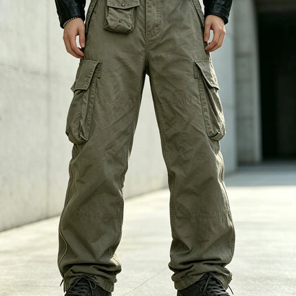 Men's Multi Pocket Cargo Pants Vintage 100% Cotton Loose Straight Tactical Pants Zippered Ankle Cuffs Work Streetwear Trousers