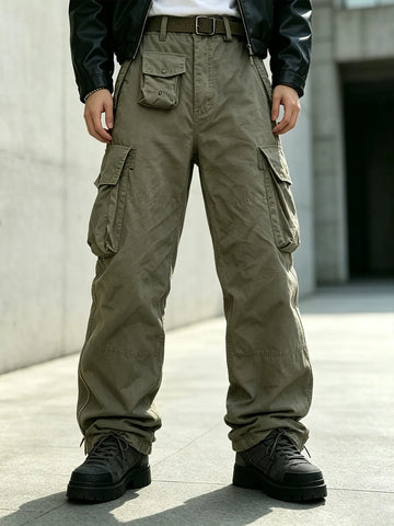 Men's Multi Pocket Cargo Pants Vintage 100% Cotton Loose Straight Tactical Pants Zippered Ankle Cuffs Work Streetwear Trousers