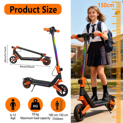 Monopattino elettrico leggero per bambini con luci, autonomia massima di 15/7/6 km, 2/3 modalità (8-16 km/h), per bambini dai 6 ai 14 anni, monopattino elettrico pieghevole da 6,5 pollici con 3 livelli di illuminazione