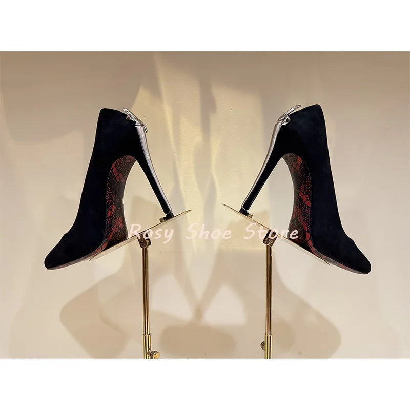 Black Suede Point Toe Strange Style Scepter-Shaped Heel Pumps Gold Silver Metal Fastener Heel Decor Pumps Nightclub Dancing Shoe