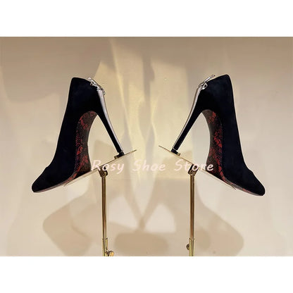 Black Suede Point Toe Strange Style Scepter-Shaped Heel Pumps Gold Silver Metal Fastener Heel Decor Pumps Nightclub Dancing Shoe