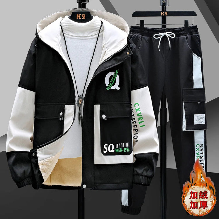 Winter Outfits Men Thick Warm Tracksuit Set Men Fashion Clothing SportswearJacket Pants 2 Piece Fleece Lined Sets