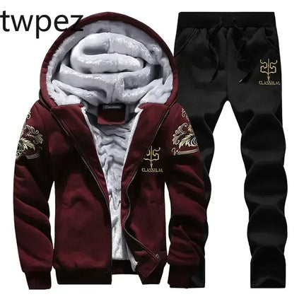 M-6XL Men's Winter 2 Piece Tracksuit Set, Thickened Warm Hooded Coat & Sweater, Outdoor Hiking Cycling Camping Running Outerwear