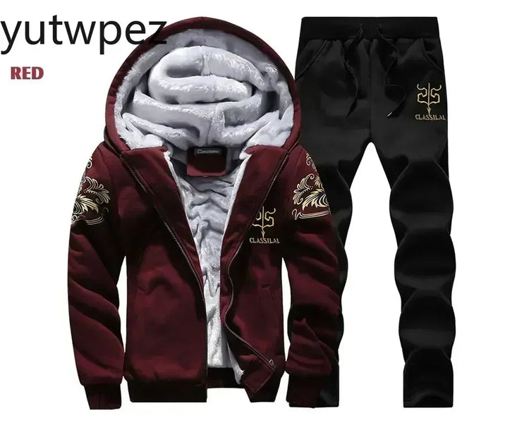 M-6XL Men's Winter 2 Piece Tracksuit Set, Thickened Warm Hooded Coat & Sweater, Outdoor Hiking Cycling Camping Running Outerwear