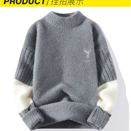 Thickened Winter Semi High Neck Knitted Sweater with Anti Pilling Splicing Men's Casual Long Sleeved Bottom Printed Pullover