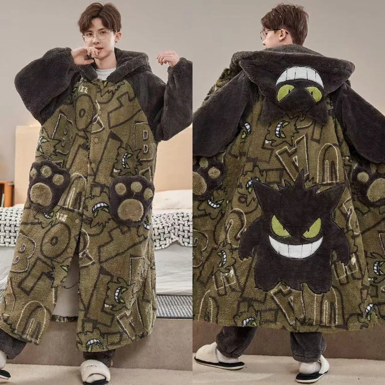 Men's Anime Themed Winter Coral Fleece Thickened Fluffy Plus-Size Long Hooded Pajama Set