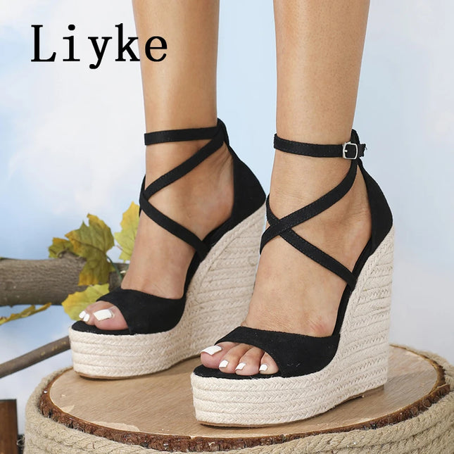 Liyke Size 35-42 Wedge Platform Sandals Sexy Fashion Thick Bottom Open Toe Buckle Strap Black High Heels Women's Shoes Summer 2026