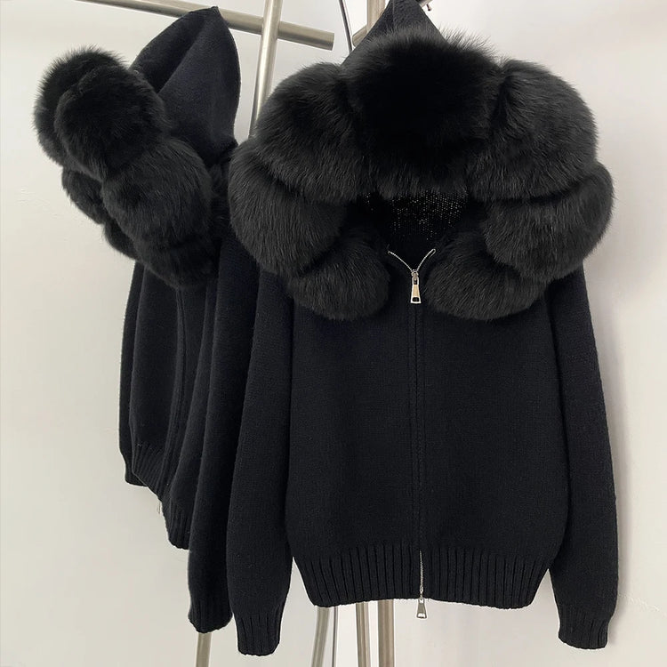 OFTBUY Real Fox Fur Kintwear Women New Spring Autumn Hooded Sweater Female Loose Zipper Kintted Jacket Oversized Cardigan