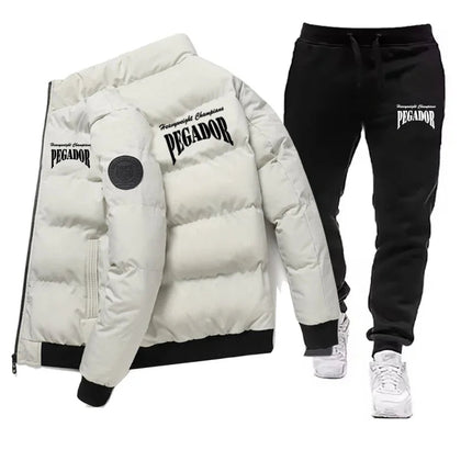 Men's Winter Warm Cotton Jacket+Drawstring Pants Set New Fashionable Casual Sports Pike Down Outdoor Windproof Jacket Set PlatiNum