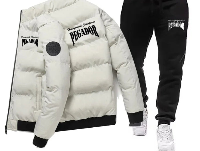 Men's Winter Warm Cotton Jacket+Drawstring Pants Set New Fashionable Casual Sports Pike Down Outdoor Windproof Jacket Set PlatiNum
