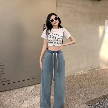 Jeans lavati curvi di seta pantaloni estivi in Denim a gamba larga larghi a vita alta da donna