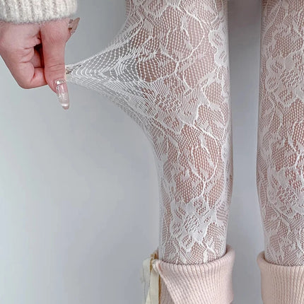 Sexy Floral Fishnet Long Socks, Transparent Jacquard Lace Thin Tights, Sweet Japanese Style, Purple/Pink Lolita JK Fishnet Stockings