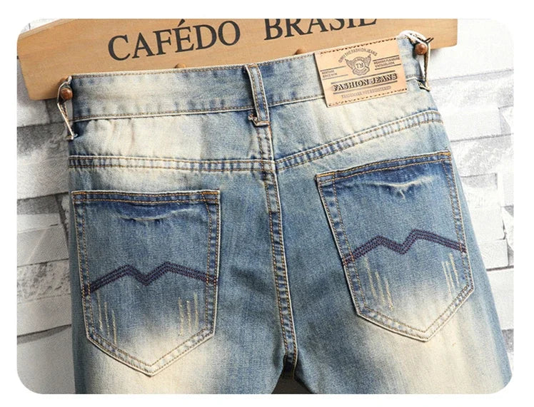 2024 New Retro Distressed Ripped Slim Jeans for Men Street Hip-hop Stretch Straight Fashion Motorcycle Denim Trousers Male PlatiNum