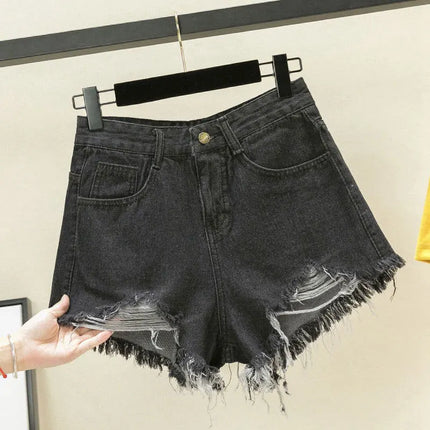 Y2k Pantaloncini di jeans strappati da donna Nuova linea A ampia con bordi sfilacciati per pantaloni corti estivi Pantaloncini di jeans streetwear da donna neri