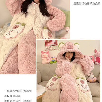 Women Winter Thickened Fleece Bathrobe Can Be Worn Outside Girls Student Hoodie Loose Pajama Two-piece Set Lady Warm Loungewear
