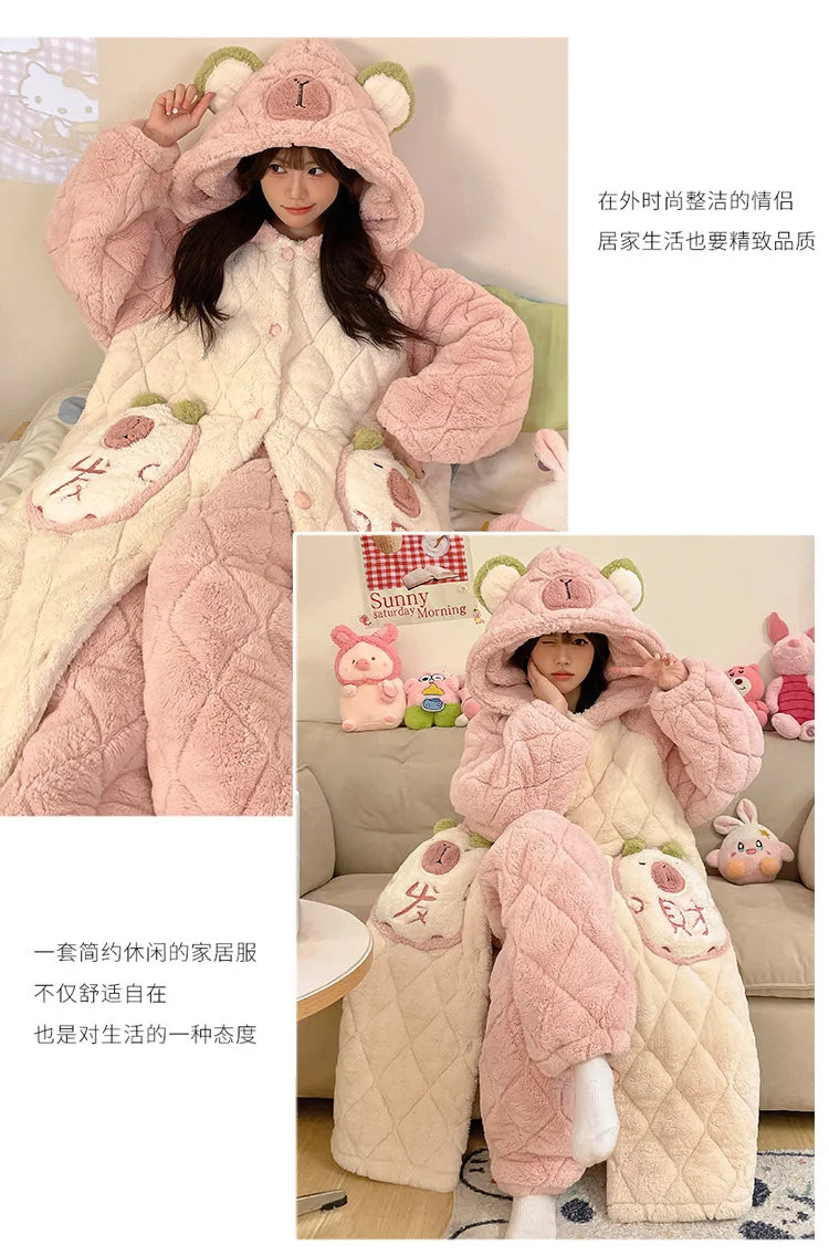 Women Winter Thickened Fleece Bathrobe Can Be Worn Outside Girls Student Hoodie Loose Pajama Two-piece Set Lady Warm Loungewear