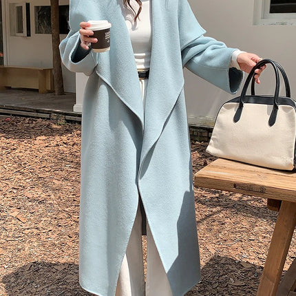 High-end Women Double-sided Wool Long Coat Warm Baby Blue Lapel Loose Double Breasted Wool Coat Female Fashion Autumn Winter