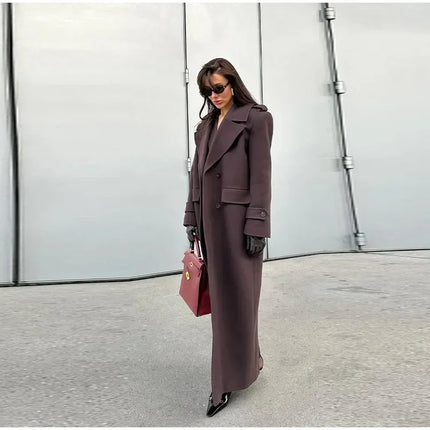 Fashion Solid Women's Wool Coat Lapel Double Breasted Button Long Sleeves Loose Coat Chic 2026 Autumn Winter New Street Wear