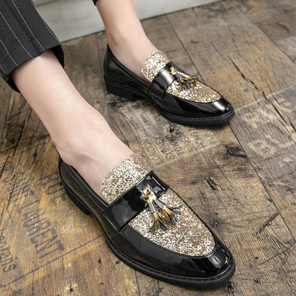 Mocassini di Lusso da Uomo con Tacco Basso, Slip-on Casual in Pelle Dorata, Scarpe da Festa con Nappe, Scarpe Eleganti da Uomo, Scarpe con Plateau da Uomo