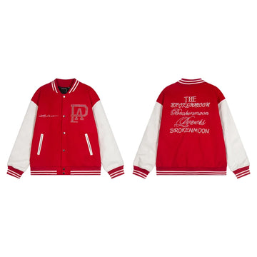Broken Pearl Rhinestone Patchwork Leather Sleeve Baseball Jacket High Street Casual Loose Jacket Street Hip-hop Rock Fashion