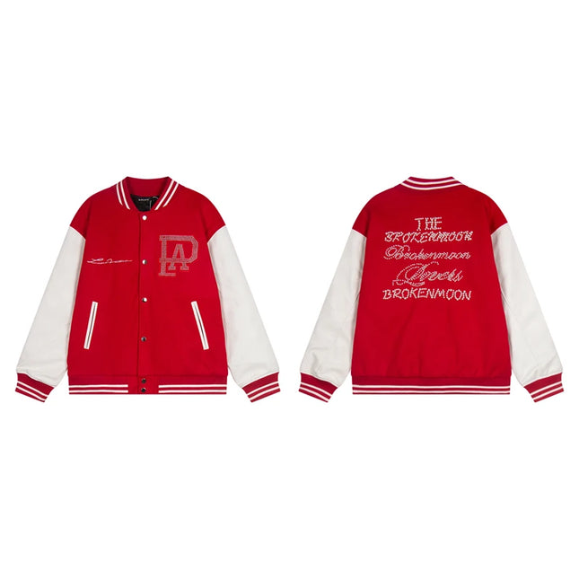 Broken Pearl Rhinestone Patchwork Leather Sleeve Baseball Jacket High Street Casual Loose Jacket Street Hip-hop Rock Fashion
