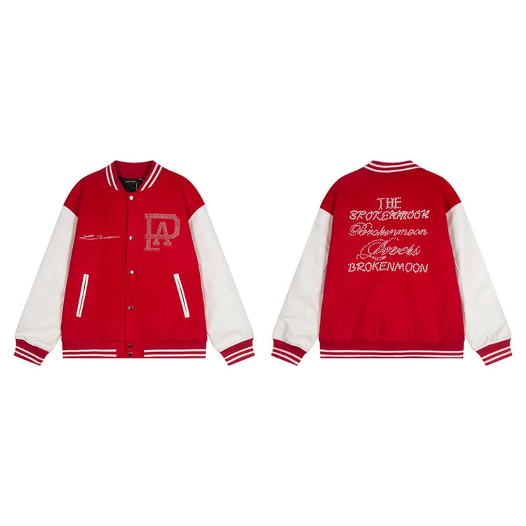 Broken Pearl Rhinestone Patchwork Leather Sleeve Baseball Jacket High Street Casual Loose Jacket Street Hip-hop Rock Fashion